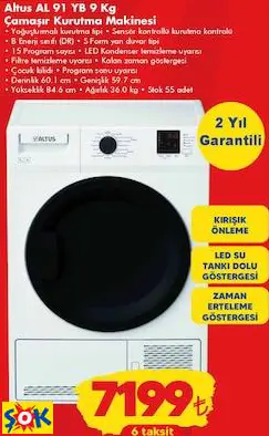 ALTUS AL 91 YB 9 KG ÇAMAŞIR KURUTMA MAKİNESİ ALTUS AL 91 YB 9 KG ÇAMAŞIR KURUTMA MAKİNESİ